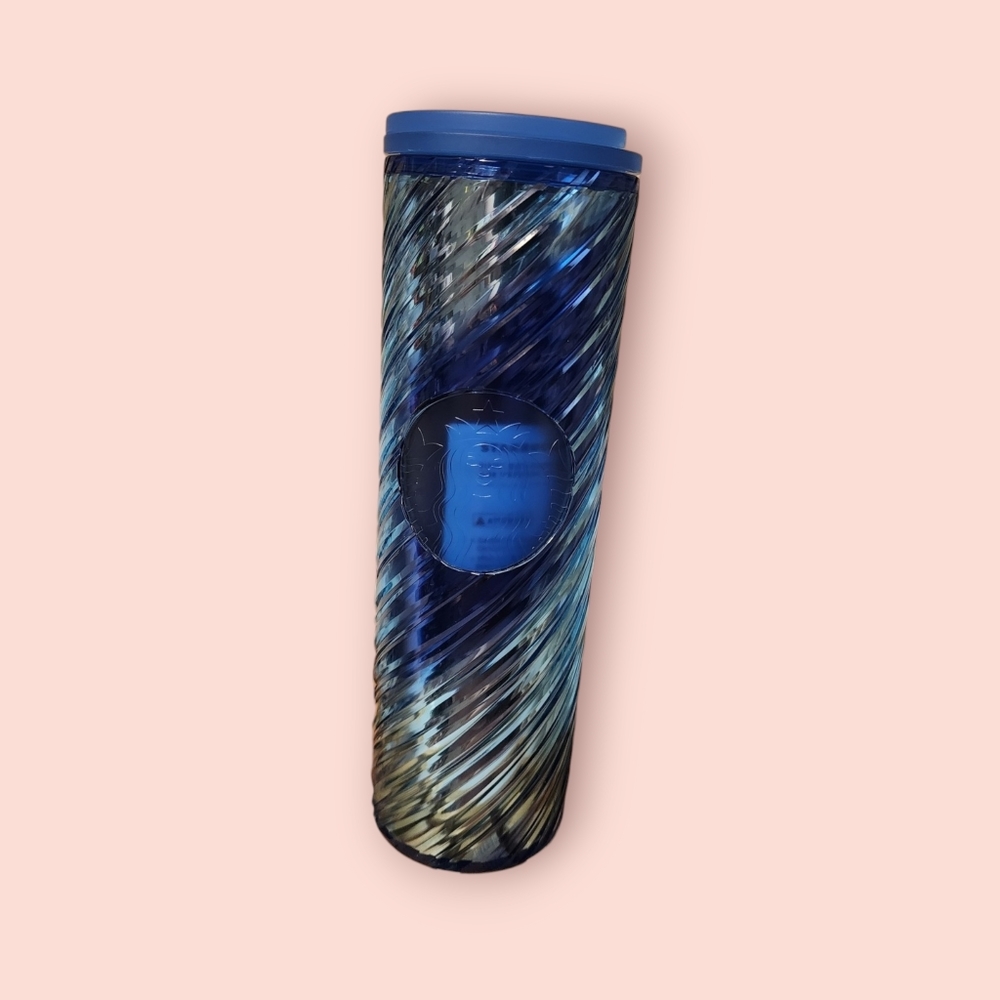 Starbucks 16oz Icicle Blue Ribbon Tumbler Blue Swirl Design Christmas Cup